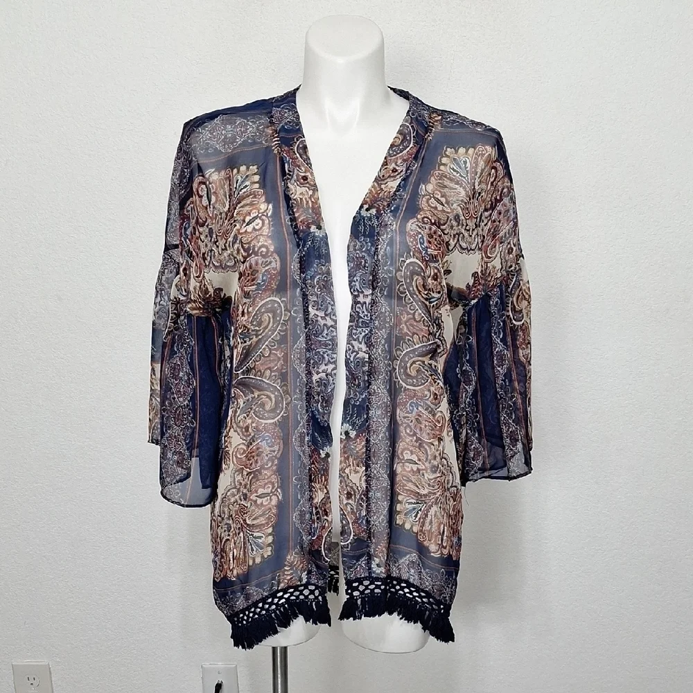 Umgee Blue Tan Bohemian 3/4 Wide Sleeve Boho Hippie Fringe Kimono Size S/M